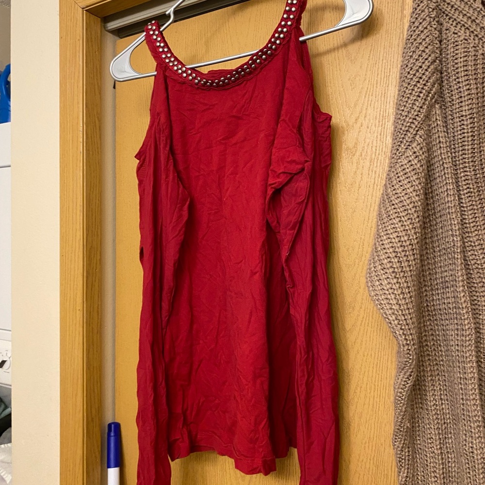 Red Sleeveless Top with Studded Neckline